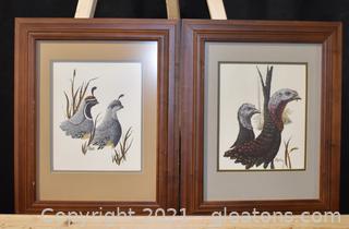 2 Quails and Turkeys Prints Framed and Signed 